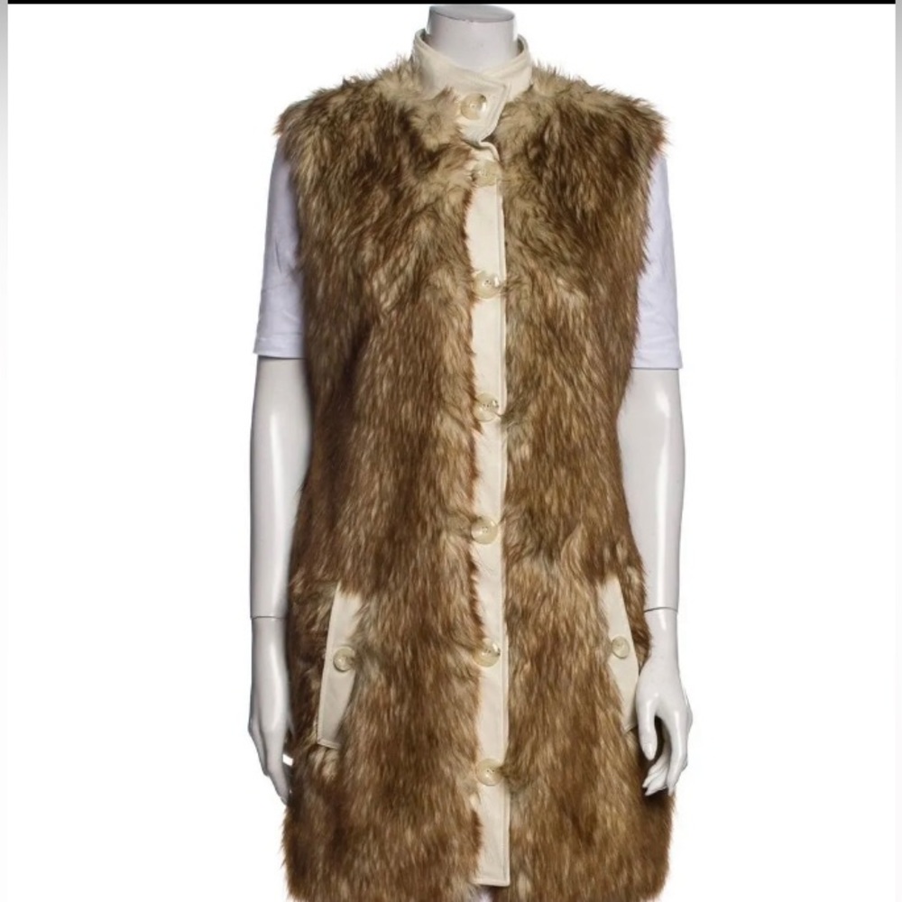 Rachel Zoe 100% Leather Faux Fur Long Vest Ivory Tan Brown Tipped Sz 10